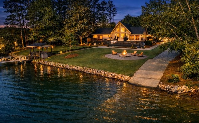 Lakefront home at dusk
